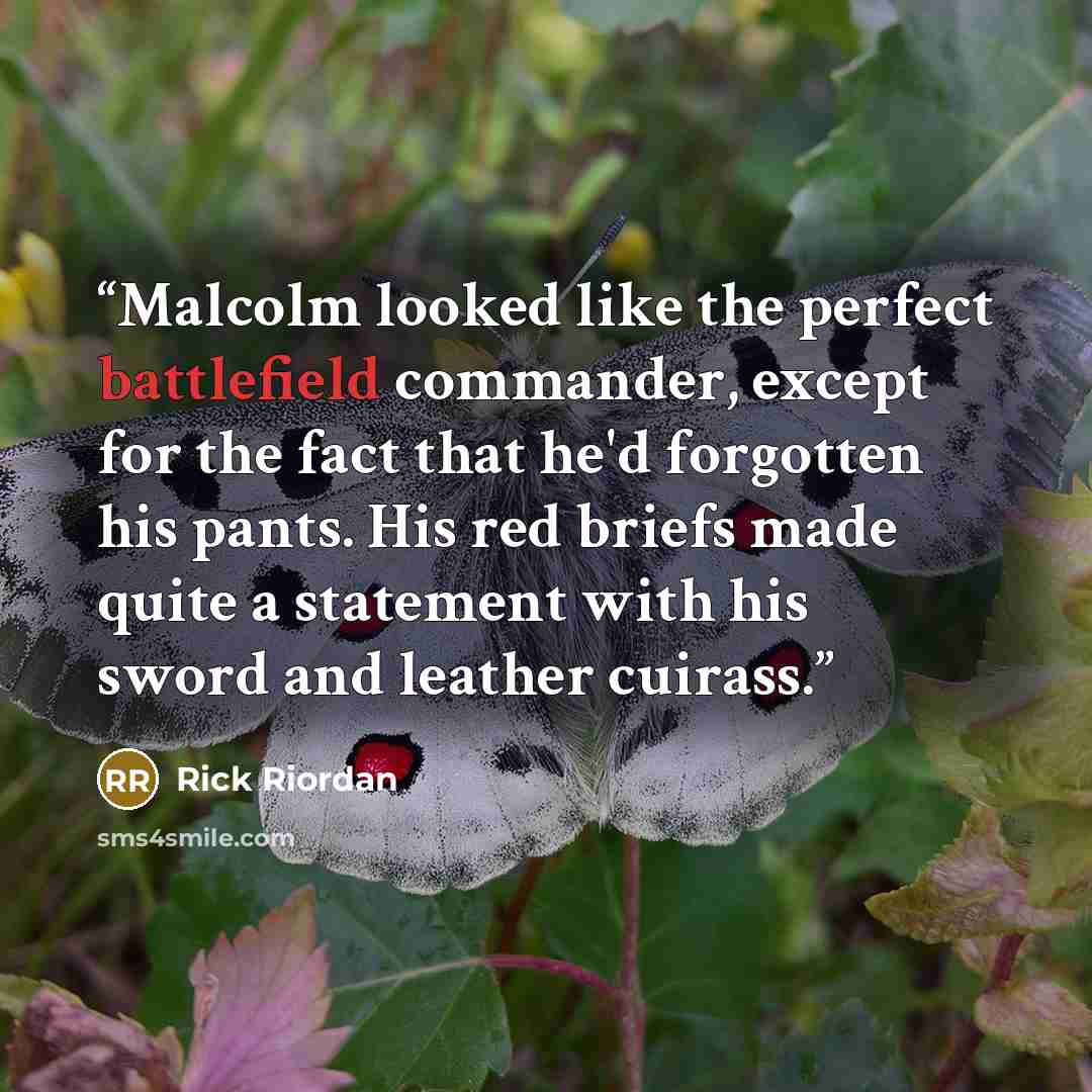 “Malcolm looked like the perfect battlefield commander, except for the fact that he'd forgotten his pants. His red briefs made quite a statement with his sword and leather cuirass.” quote by Rick Riordan