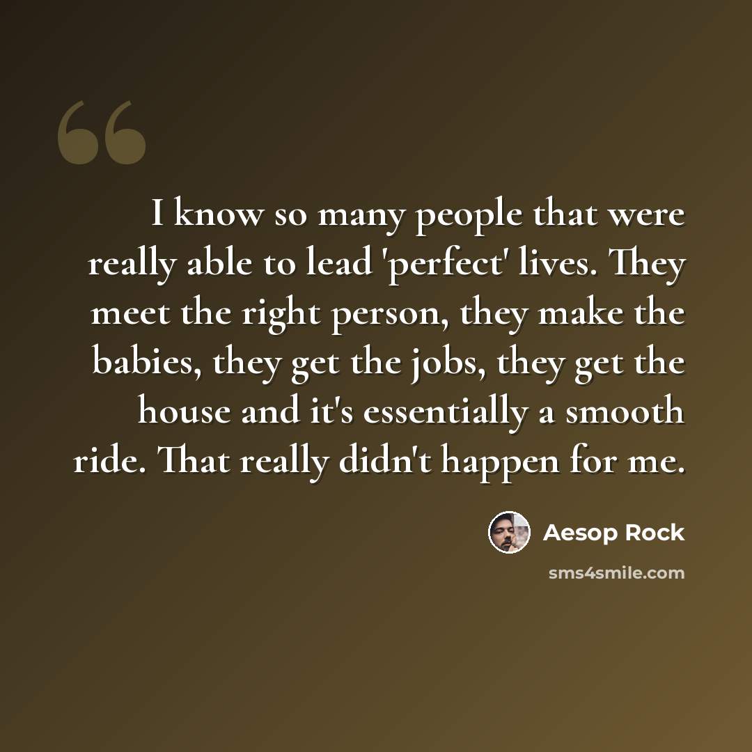 “I know so many people that were really able to lead 'perfect' lives. They meet the right person, they make the babies, they get the jobs, they get the house and it's essentially a smooth ride. That really didn't happen for me.” quote by Aesop Rock
