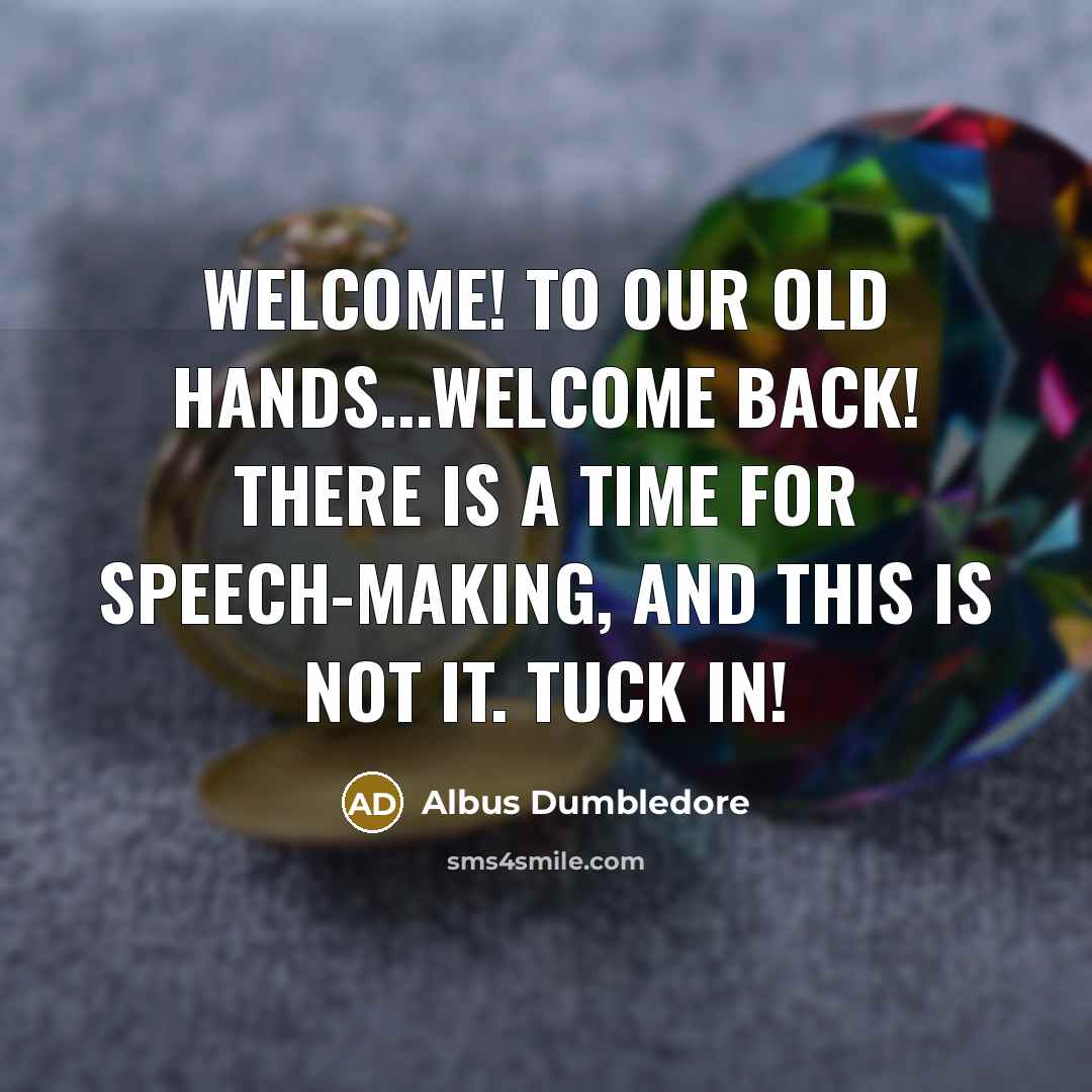“Welcome! To our old hands...welcome back! There is a time for speech-making, and this is not it. Tuck in!” quote by Albus Dumbledore