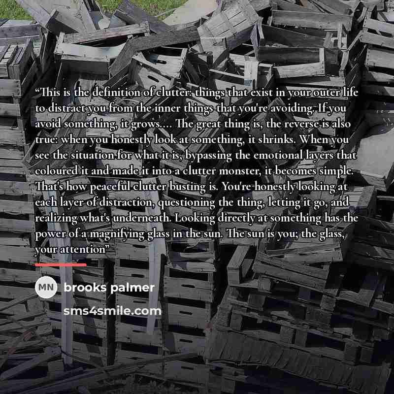 “This is the definition of clutter: things that exist in your outer life to distract you from the inner things that you're avoiding. If you avoid something, it grows… The great thing is, the reverse is also true: when you honestly look at something, it shrinks. When you see the situation for what…” quote by brooks palmer