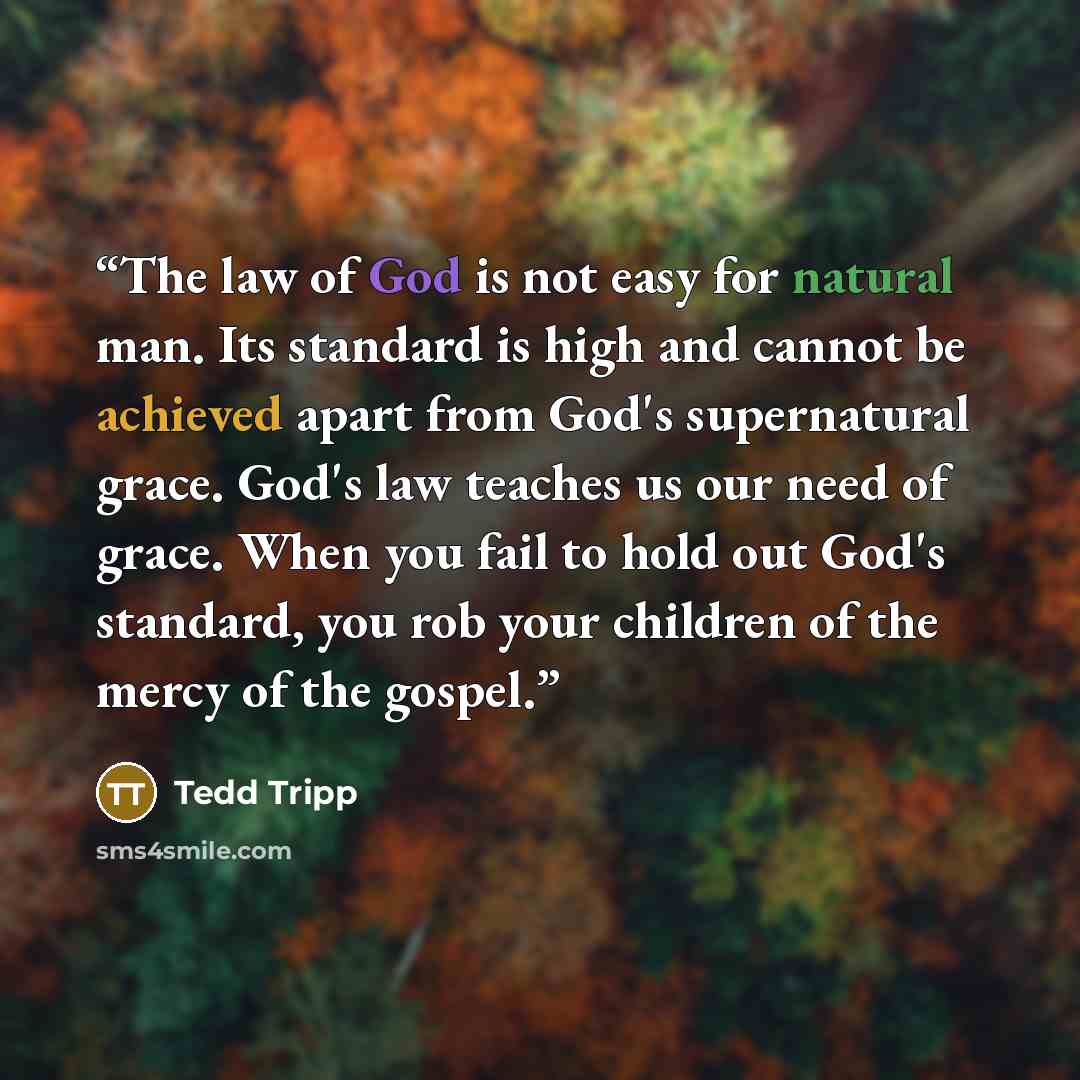 “The law of God is not easy for natural man. Its standard is high and cannot be achieved apart from God's supernatural grace. God's law teaches us our need of grace. When you fail to hold out God's standard, you rob your children of the mercy of the gospel.” quote by Tedd Tripp
