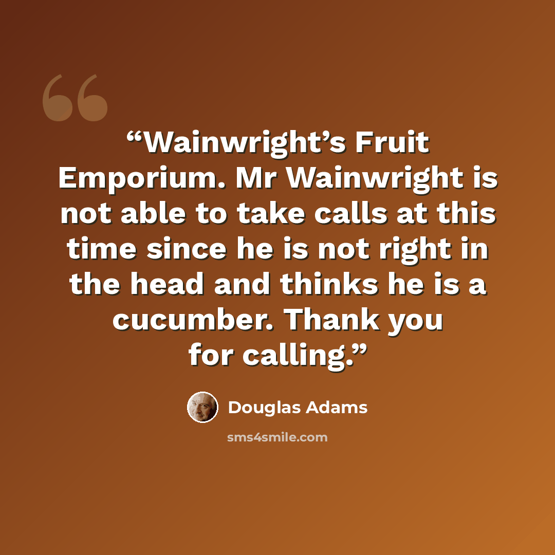 “Wainwright’s Fruit Emporium. Mr Wainwright is not able to take calls at this time since he is not right in the head and thinks he is a cucumber. Thank you for calling.” quote by Douglas Adams