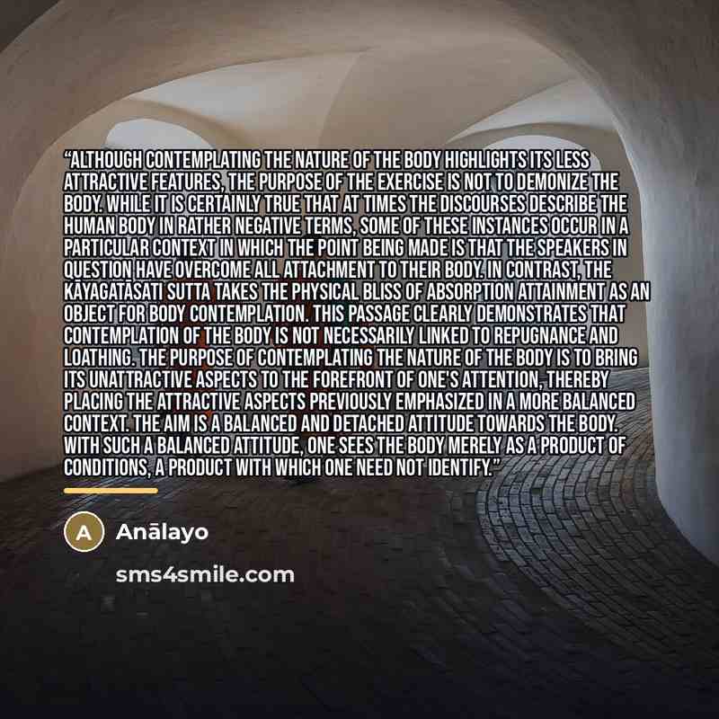 “Although contemplating the nature of the body highlights its less attractive features, the purpose of the exercise is not to demonize the body. While it is certainly true that at times the discourses describe the human body in rather negative terms, some of these instances occur in a particular…” quote by Anālayo