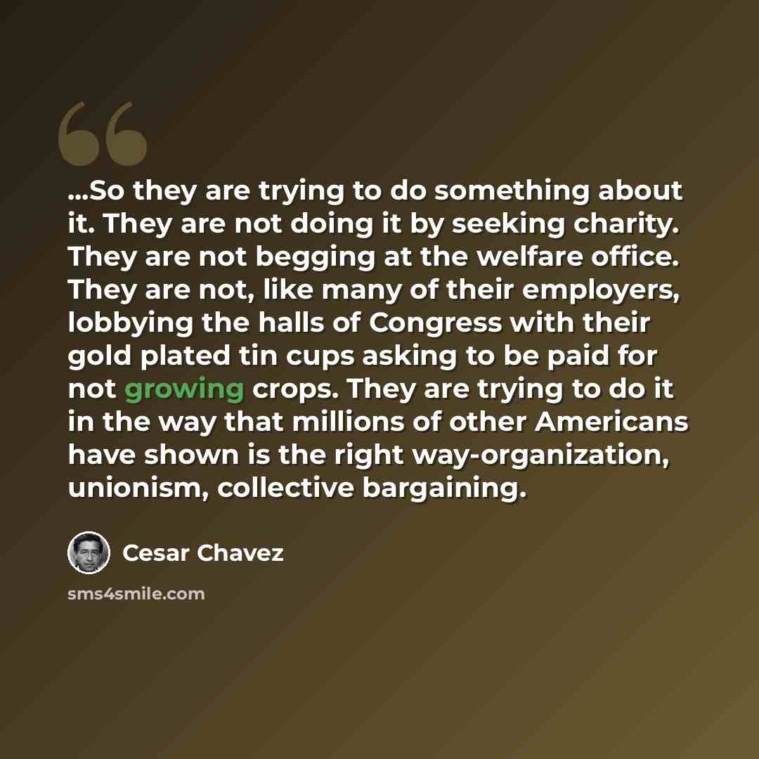 “...So they are trying to do something about it. They are not doing it by seeking charity. They are not begging at the welfare office. They are not, like many of their employers, lobbying the halls of Congress with their gold plated tin cups asking to be paid for not growing crops. They are trying…” quote by Cesar Chavez
