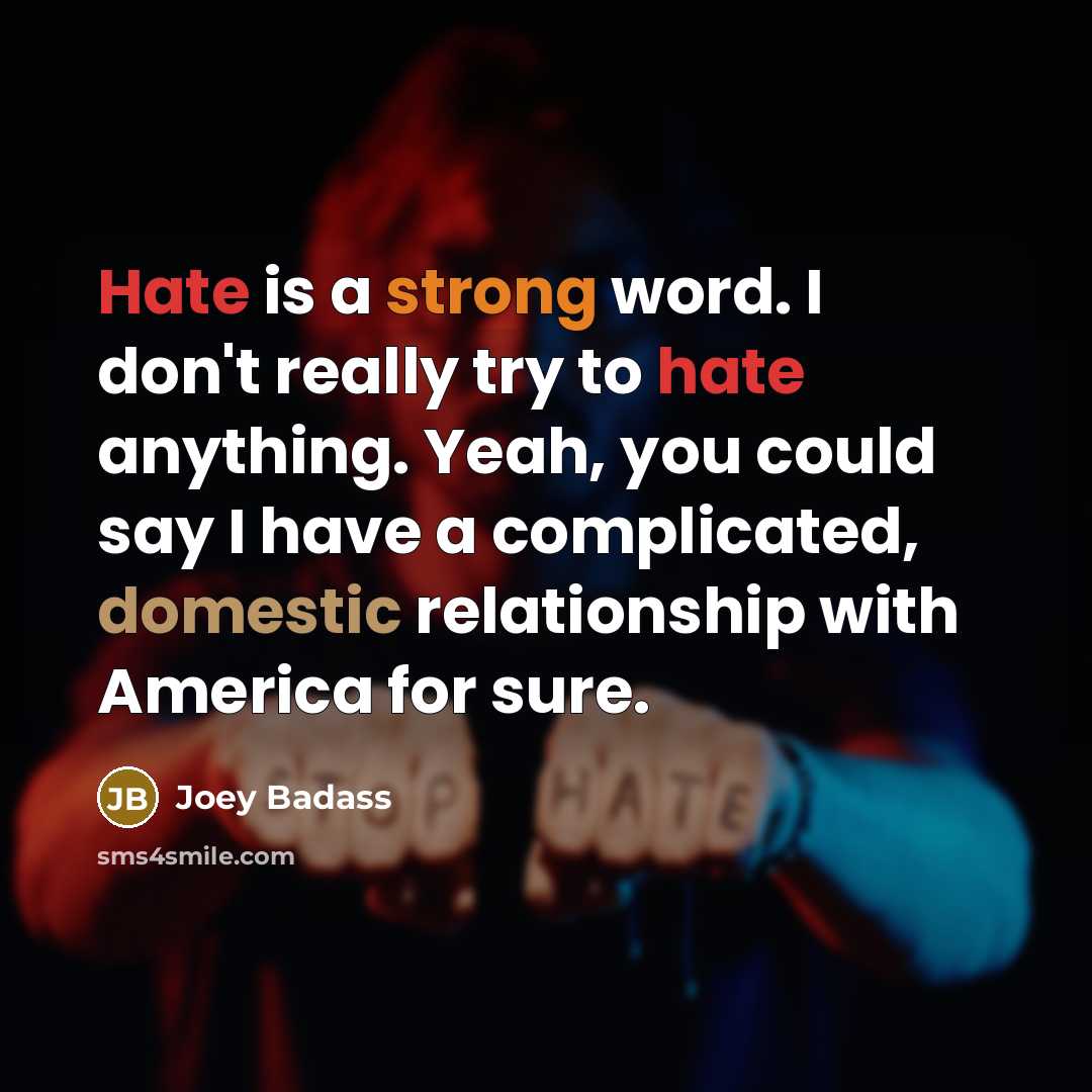 “Hate is a strong word. I don't really try to hate anything. Yeah, you could say I have a complicated, domestic relationship with America for sure.” quote by Joey Badass