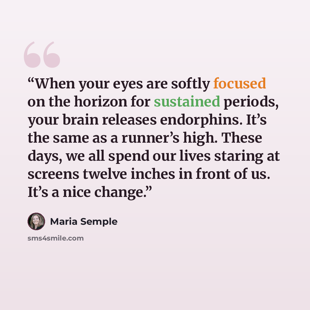 “When your eyes are softly focused on the horizon for sustained periods, your brain releases endorphins. It’s the same as a runner’s high. These days, we all spend our lives staring at screens twelve inches in front of us. It’s a nice change.” quote by Maria Semple