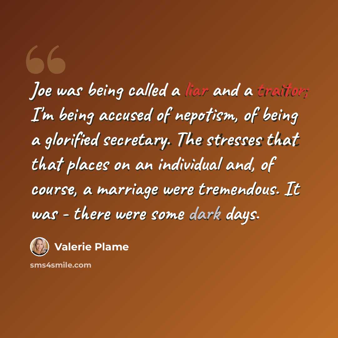“Joe was being called a liar and a traitor; I'm being accused of nepotism, of being a glorified secretary. The stresses that that places on an individual and, of course, a marriage were tremendous. It was - there were some dark days.” quote by Valerie Plame