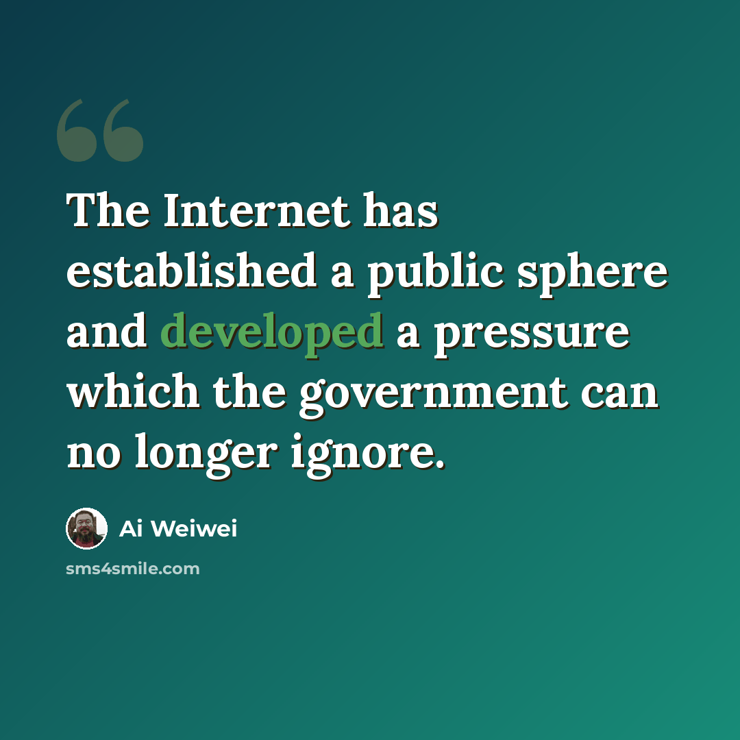 “The Internet has established a public sphere and developed a pressure which the government can no longer ignore.” quote by Ai Weiwei
