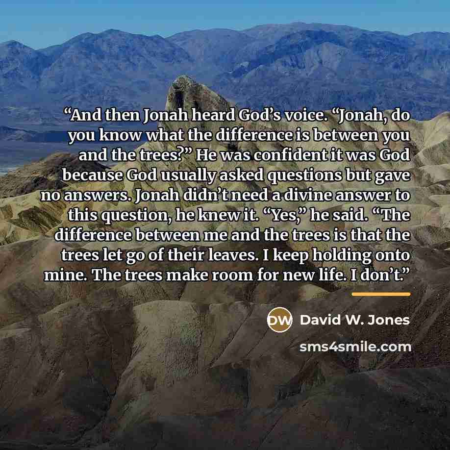 “And then Jonah heard God’s voice. “Jonah, do you know what the difference is between you and the trees?” He was confident it was God because God usually asked questions but gave no answers. Jonah didn’t need a divine answer to this question, he knew it. “Yes,” he said. “The difference between me…” quote by David W. Jones