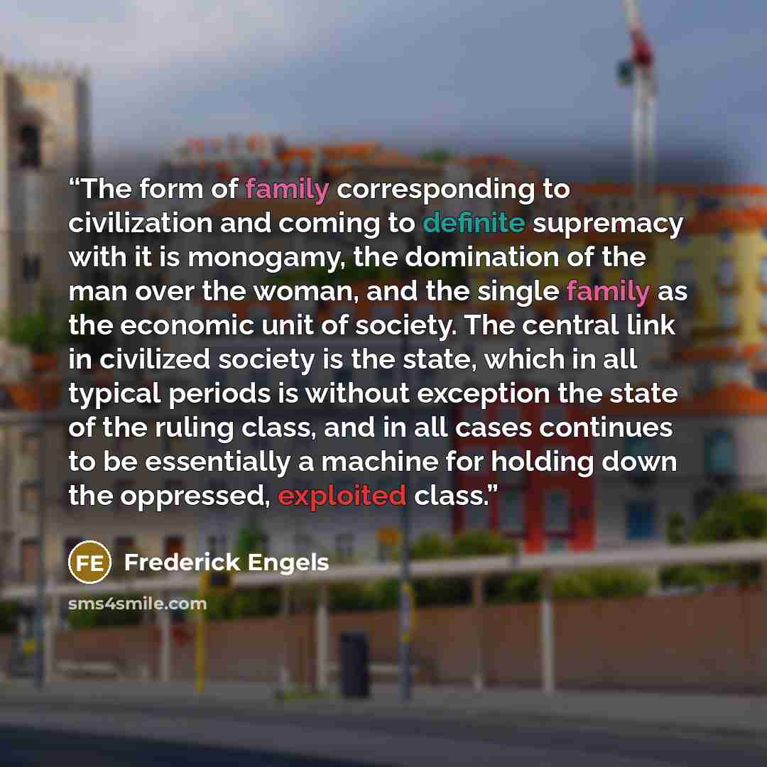 “The form of family corresponding to civilization and coming to definite supremacy with it is monogamy, the domination of the man over the woman, and the single family as the economic unit of society. The central link in civilized society is the state, which in all typical periods is without…” quote by Frederick Engels