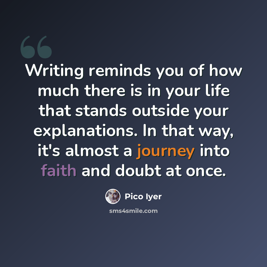 “Writing reminds you of how much there is in your life that stands outside your explanations. In that way, it's almost a journey into faith and doubt at once.” quote by Pico Iyer
