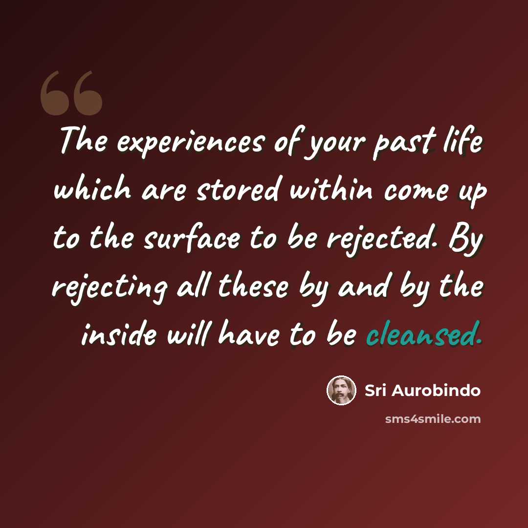 “The experiences of your past life which are stored within come up to the surface to be rejected. By rejecting all these by and by the inside will have to be cleansed.” quote by Sri Aurobindo