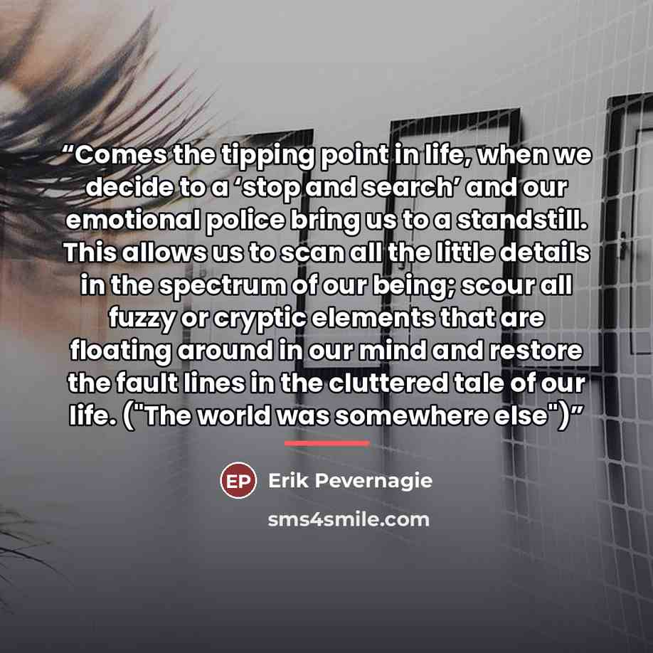 “Comes the tipping point in life, when we decide to a ‘stop and search’ and our emotional police bring us to a standstill. This allows us to scan all the little details in the spectrum of our being; scour all fuzzy or cryptic elements that are floating around in our mind and restore the fault lines…” quote by Erik Pevernagie