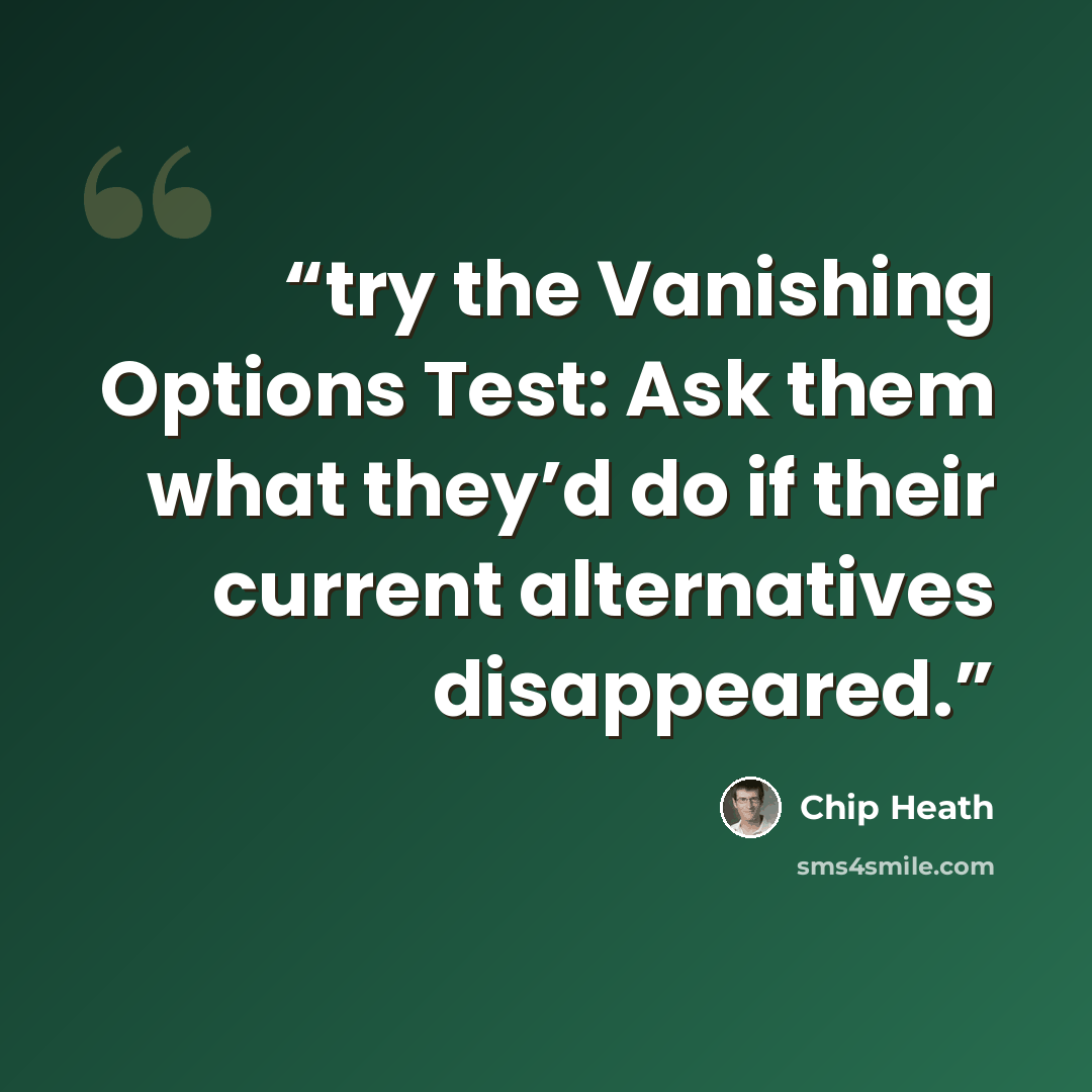 “try the Vanishing Options Test: Ask them what they’d do if their current alternatives disappeared.” quote by Chip Heath