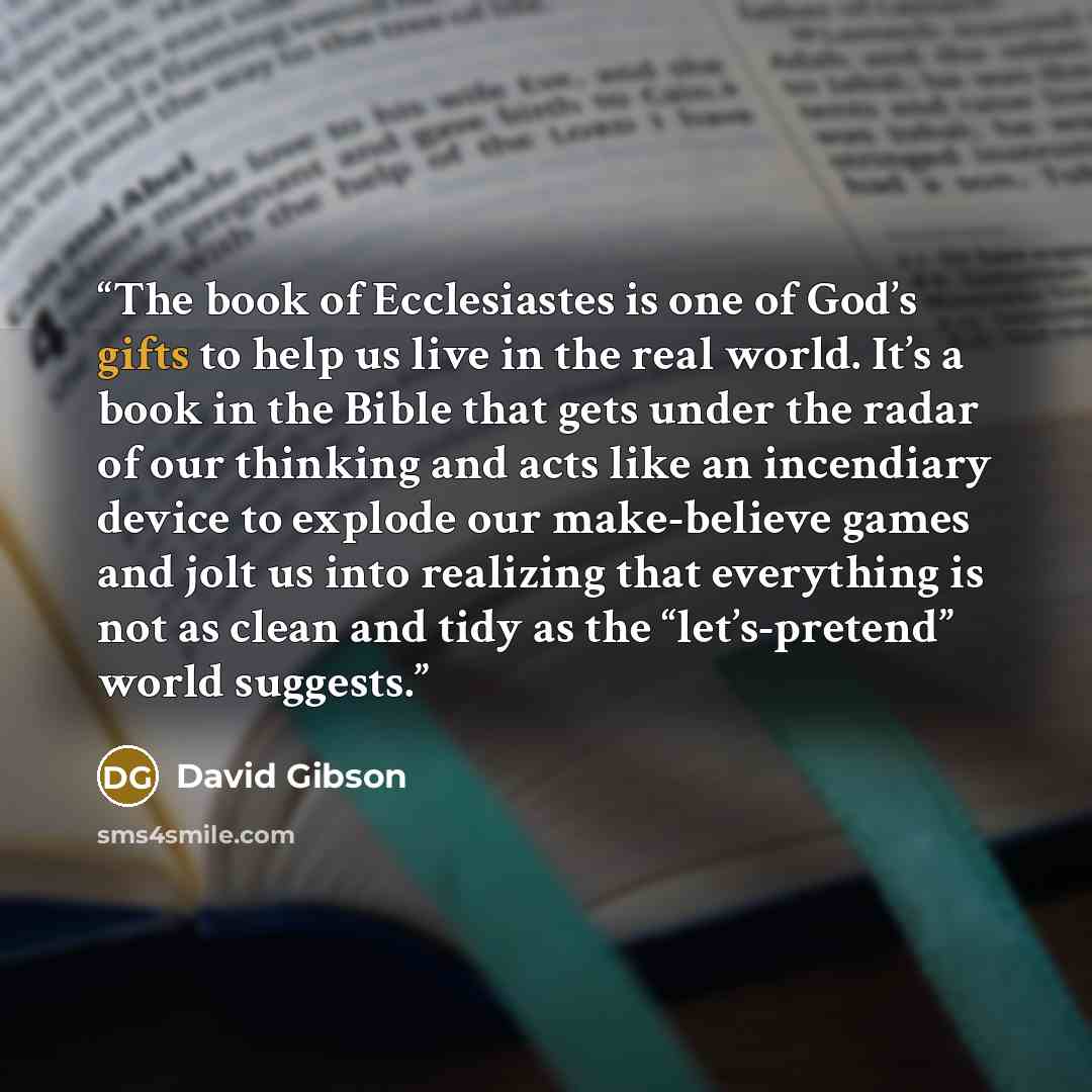 “The book of Ecclesiastes is one of God’s gifts to help us live in the real world. It’s a book in the Bible that gets under the radar of our thinking and acts like an incendiary device to explode our make-believe games and jolt us into realizing that everything is not as clean and tidy as the…” quote by David Gibson