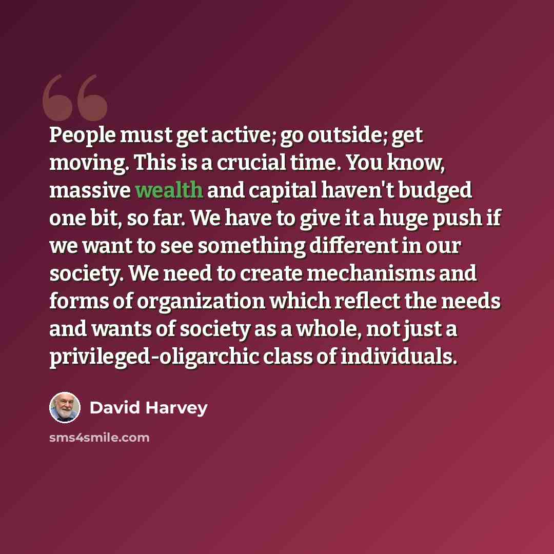 “People must get active; go outside; get moving. This is a crucial time. You know, massive wealth and capital haven't budged one bit, so far. We have to give it a huge push if we want to see something different in our society. We need to create mechanisms and forms of organization which reflect the…” quote by David Harvey
