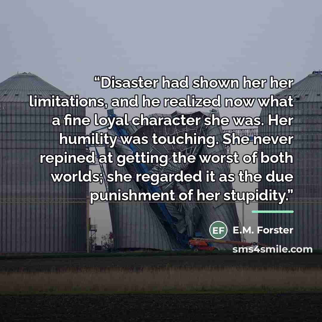 “Disaster had shown her her limitations, and he realized now what a fine loyal character she was. Her humility was touching. She never repined at getting the worst of both worlds; she regarded it as the due punishment of her stupidity.” quote by E.M. Forster