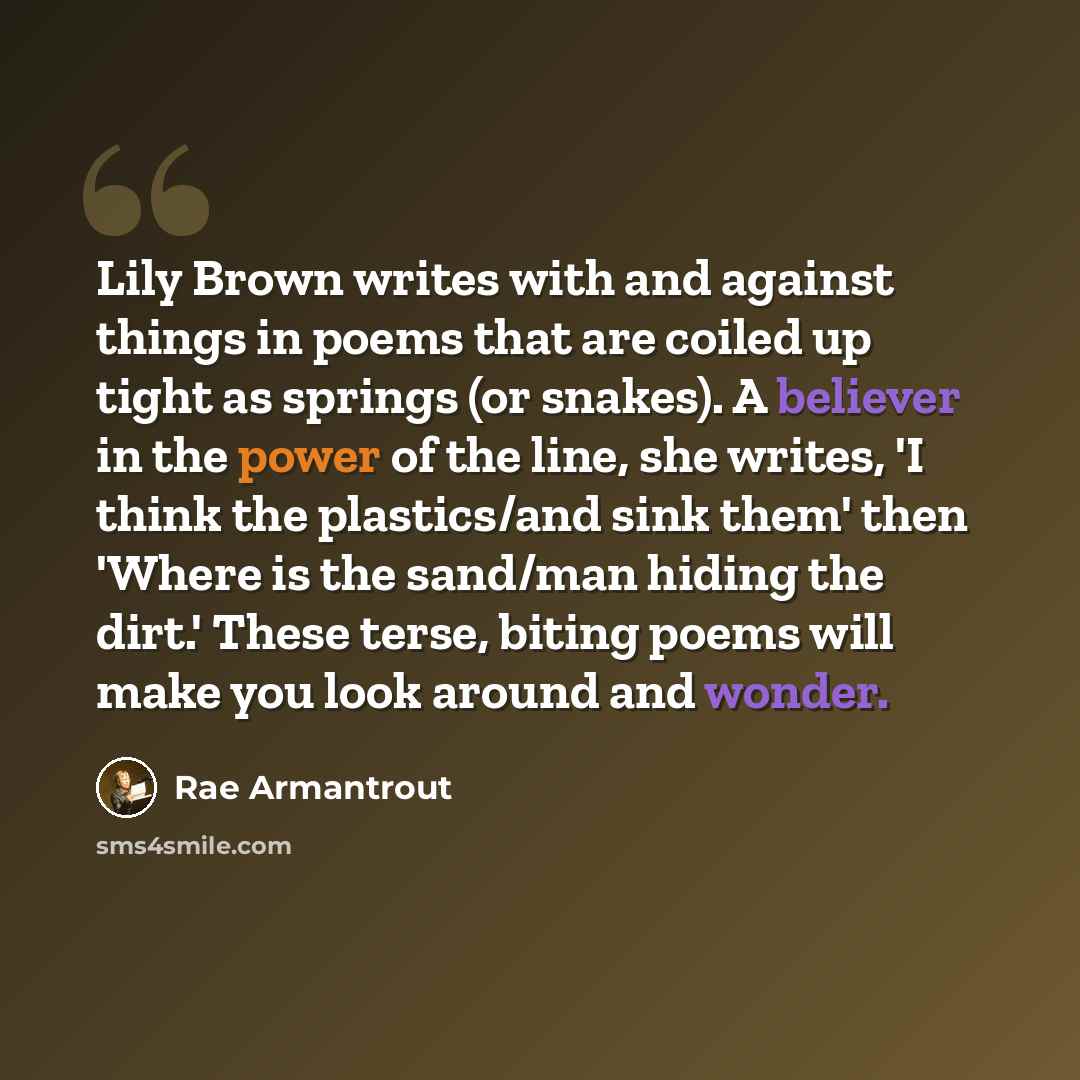 “Lily Brown writes with and against things in poems that are coiled up tight as springs (or snakes). A believer in the power of the line, she writes, 'I think the plastics/and sink them' then 'Where is the sand/man hiding the dirt.' These terse, biting poems will make you look around and wonder.” quote by Rae Armantrout