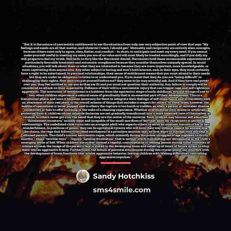 “But it is the nature of narcissistic entitlement to see the situation from only one very subjective point of view that says “My feelings and needs are all that matter, and whatever I want, I should get.” Mutuality and reciprocity are entirely alien concepts, because others exist only to agree…” quote by Sandy Hotchkiss