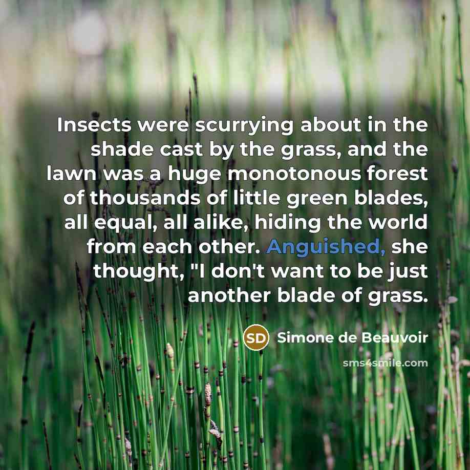 “Insects were scurrying about in the shade cast by the grass, and the lawn was a huge monotonous forest of thousands of little green blades, all equal, all alike, hiding the world from each other. Anguished, she thought, "I don't want to be just another blade of grass.” quote by Simone de Beauvoir