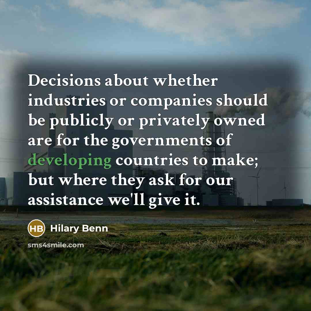 “Decisions about whether industries or companies should be publicly or privately owned are for the governments of developing countries to make; but where they ask for our assistance we'll give it.” quote by Hilary Benn