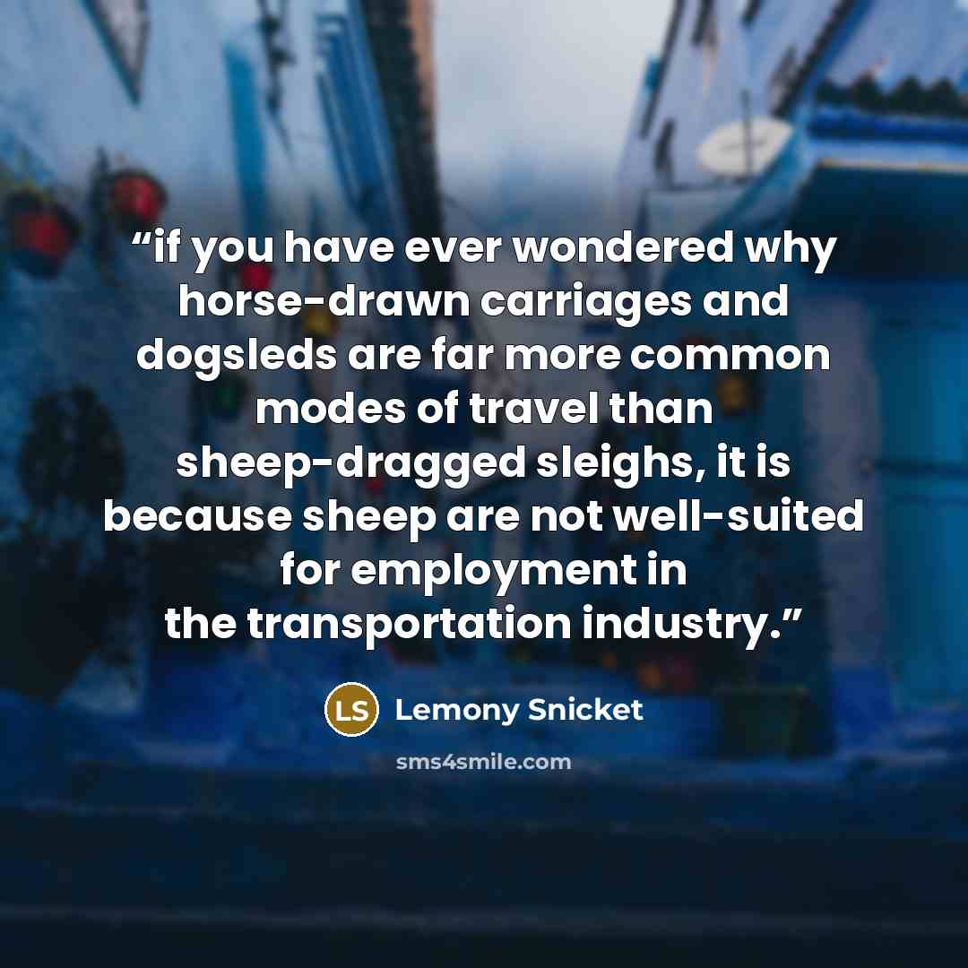 “if you have ever wondered why horse-drawn carriages and dogsleds are far more common modes of travel than sheep-dragged sleighs, it is because sheep are not well-suited for employment in the transportation industry.” quote by Lemony Snicket