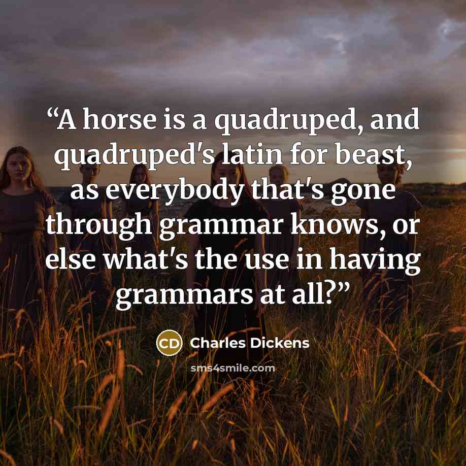“A horse is a quadruped, and quadruped's latin for beast, as everybody that's gone through grammar knows, or else what's the use in having grammars at all?” quote by Charles Dickens