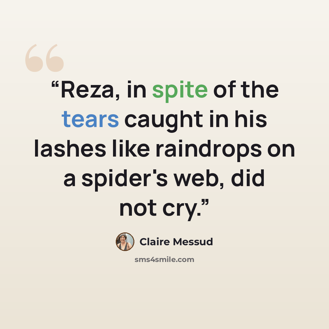 “Reza, in spite of the tears caught in his lashes like raindrops on a spider's web, did not cry.” quote by Claire Messud