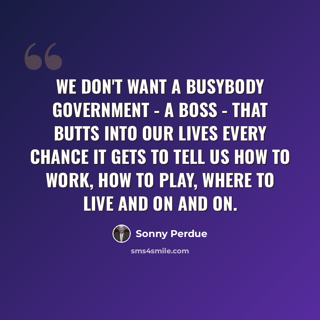 “We don't want a busybody government - a boss - that butts into our lives every chance it gets to tell us how to work, how to play, where to live and on and on.” quote by Sonny Perdue