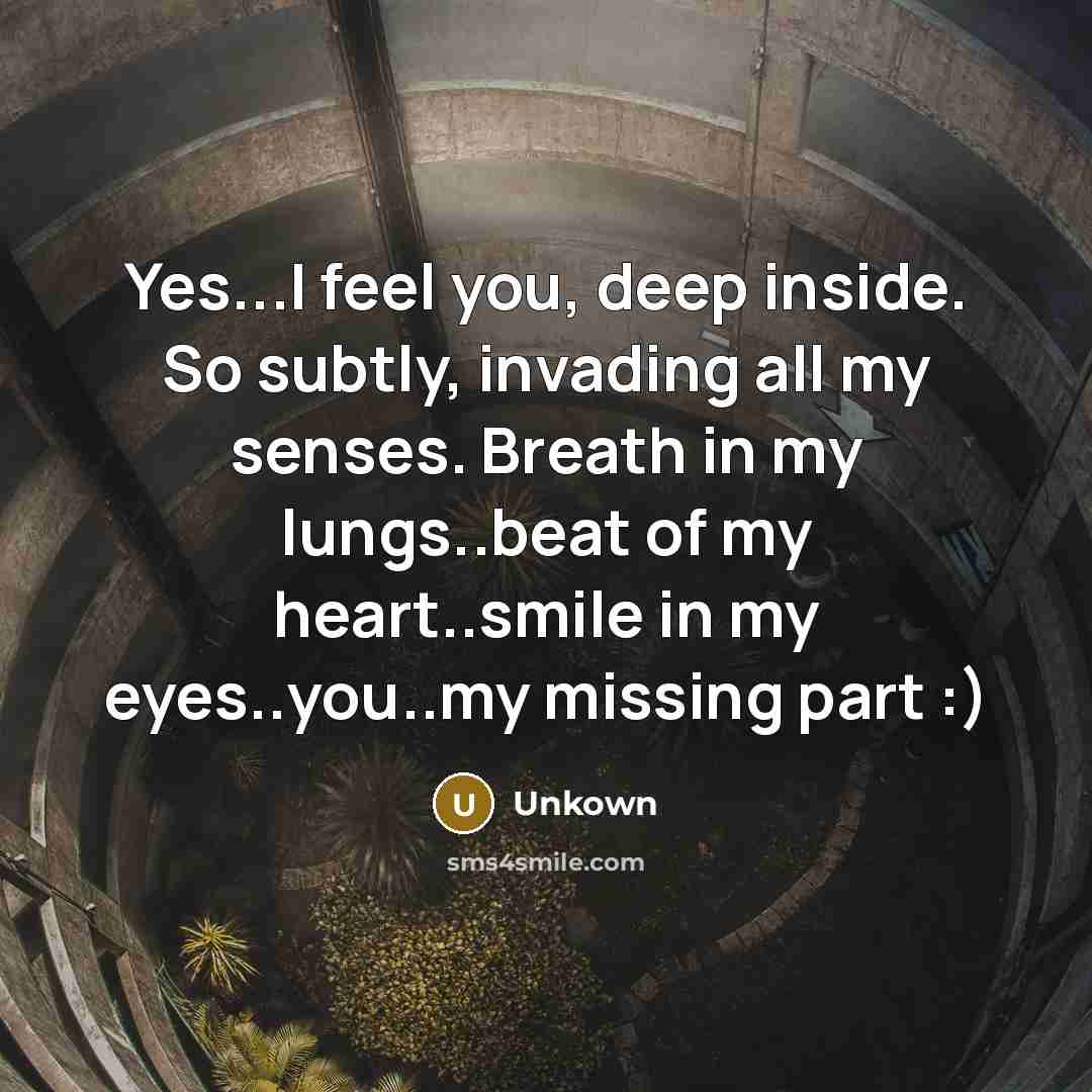 “Yes...I feel you, deep inside. So subtly, invading all my senses. Breath in my lungs..beat of my heart..smile in my eyes..you..my missing part :)” quote by Unkown