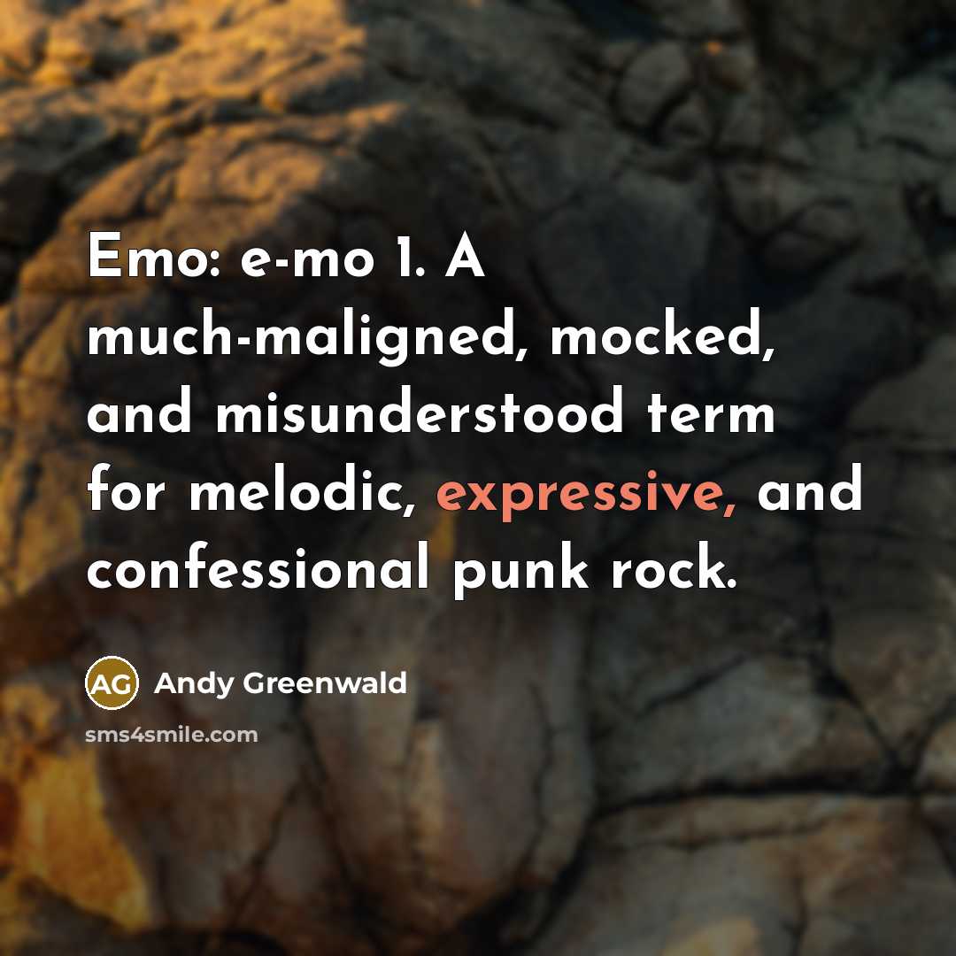 “Emo: e-mo 1. A much-maligned, mocked, and misunderstood term for melodic, expressive, and confessional punk rock.” quote by Andy Greenwald