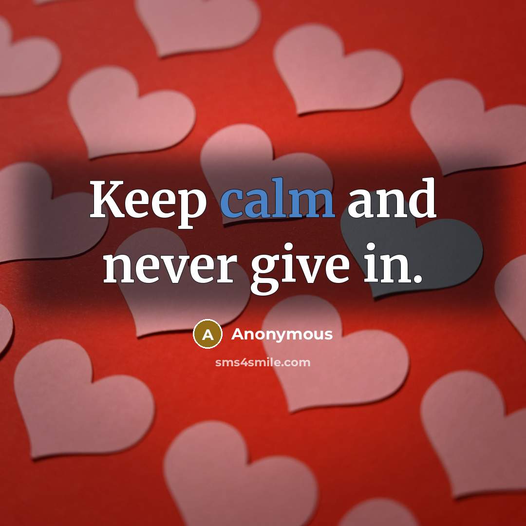 “Keep calm and never give in.” quote by Anonymous