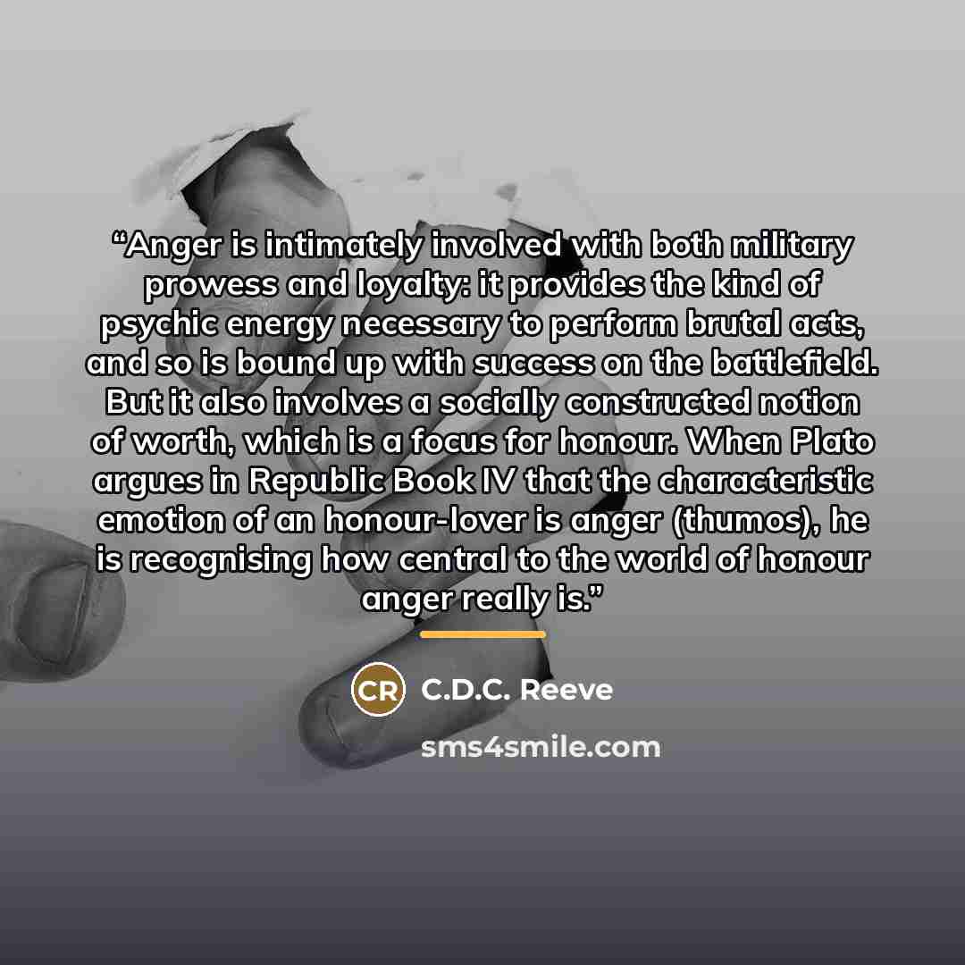 “Anger is intimately involved with both military prowess and loyalty: it provides the kind of psychic energy necessary to perform brutal acts, and so is bound up with success on the battlefield. But it also involves a socially constructed notion of worth, which is a focus for honour. When Plato…” quote by Anonymous