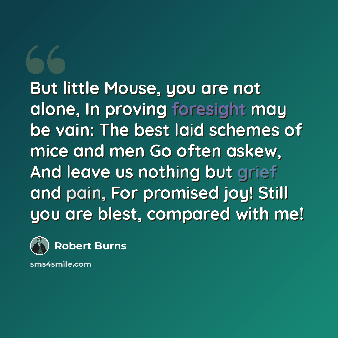“But little Mouse, you are not alone, In proving foresight may be vain: The best laid schemes of mice and men Go often askew, And leave us nothing but grief and pain, For promised joy! Still you are blest, compared with me!” quote by Robert Burns
