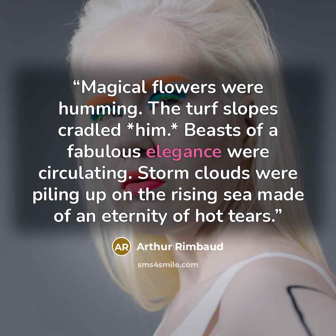 “Magical flowers were humming. The turf slopes cradled *him.* Beasts of a fabulous elegance were circulating. Storm clouds were piling up on the rising sea made of an eternity of hot tears.” quote by Arthur Rimbaud
