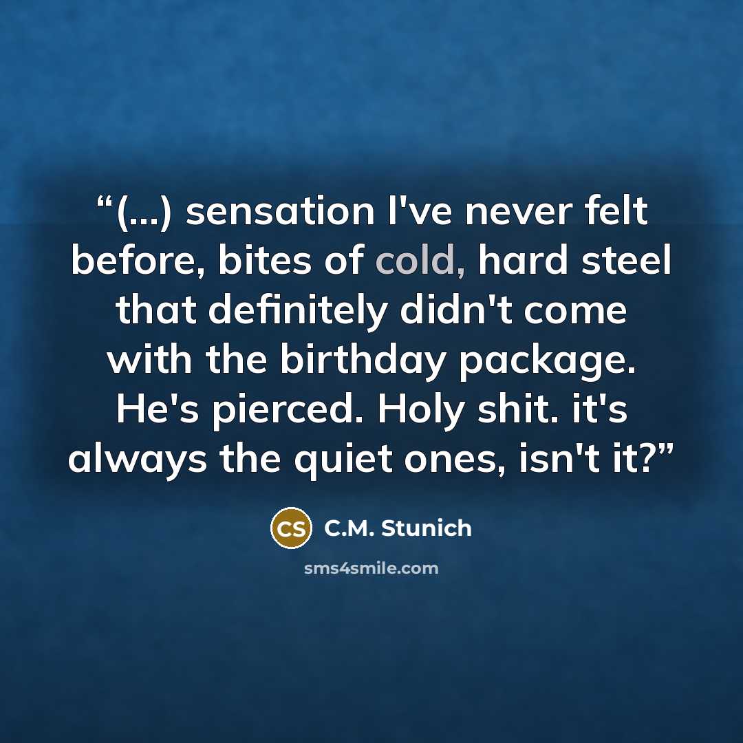 “(...) sensation I've never felt before, bites of cold, hard steel that definitely didn't come with the birthday package. He's pierced. Holy shit. it's always the quiet ones, isn't it?” quote by C.M. Stunich