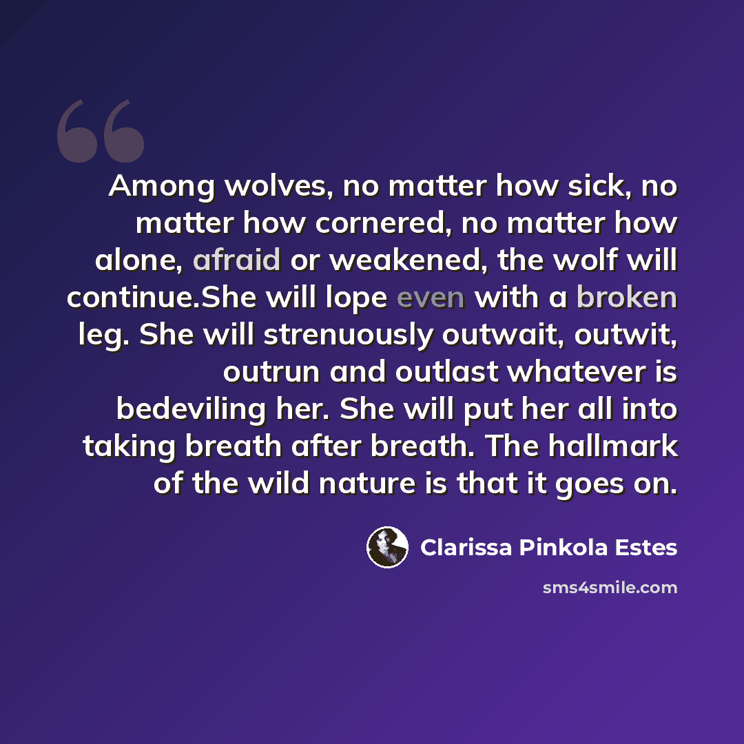 “Among wolves, no matter how sick, no matter how cornered, no matter how alone, afraid or weakened, the wolf will continue.She will lope even with a broken leg. She will strenuously outwait, outwit, outrun and outlast whatever is bedeviling her. She will put her all into taking breath after breath…” quote by Clarissa Pinkola Estes