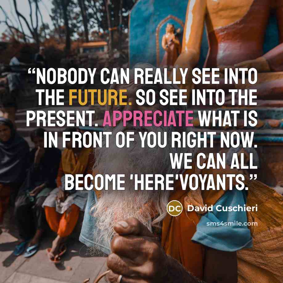 “Nobody can really see into the future. So see into the present. Appreciate what is in front of you right now. We can all become 'here'voyants.” quote by David Cuschieri