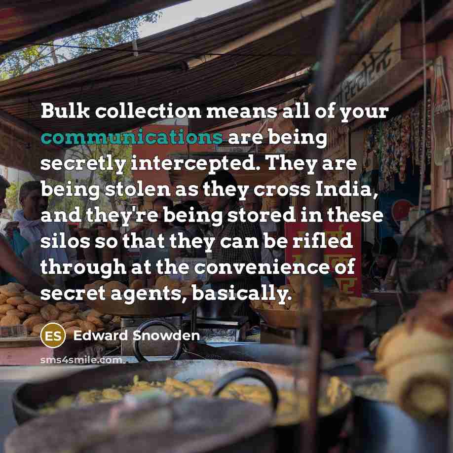 “Bulk collection means all of your communications are being secretly intercepted. They are being stolen as they cross India, and they're being stored in these silos so that they can be rifled through at the convenience of secret agents, basically.” quote by Edward Snowden