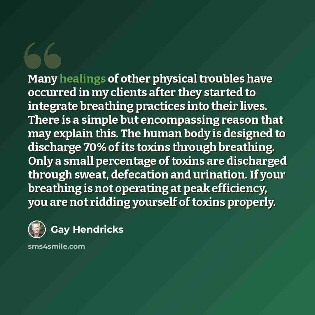 “Many healings of other physical troubles have occurred in my clients after they started to integrate breathing practices into their lives. There is a simple but encompassing reason that may explain this. The human body is designed to discharge 70% of its toxins through breathing. Only a small…” quote by Gay Hendricks