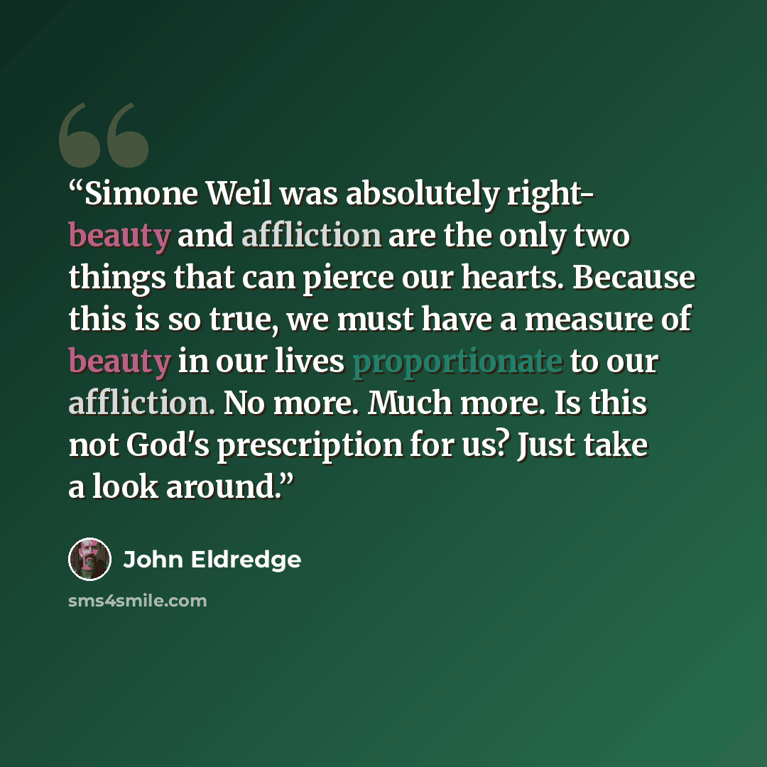 “Simone Weil was absolutely right- beauty and affliction are the only two things that can pierce our hearts. Because this is so true, we must have a measure of beauty in our lives proportionate to our affliction. No more. Much more. Is this not God's prescription for us? Just take a look around.” quote by John Eldredge