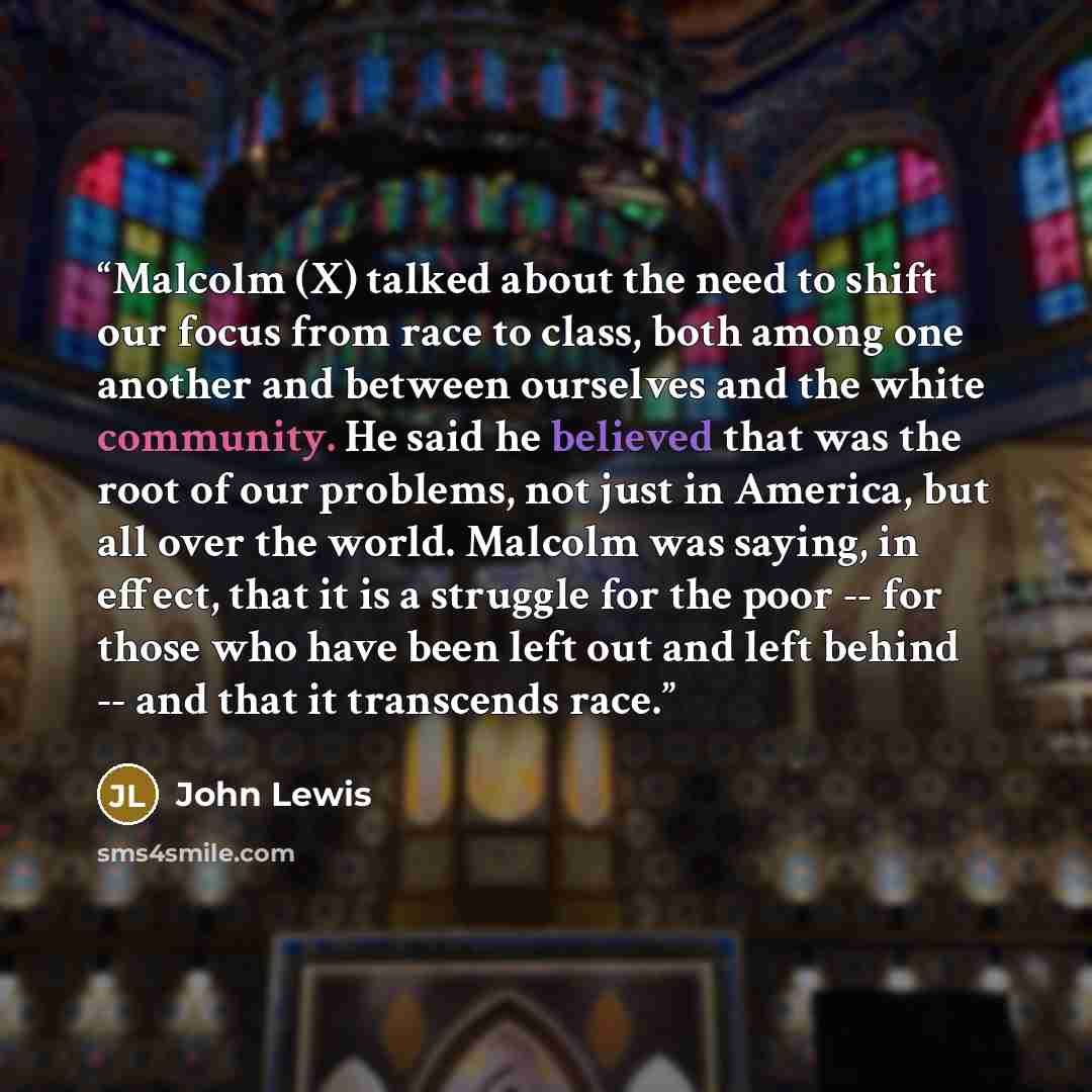 “Malcolm (X) talked about the need to shift our focus from race to class, both among one another and between ourselves and the white community. He said he believed that was the root of our problems, not just in America, but all over the world. Malcolm was saying, in effect, that it is a struggle…” quote by John Lewis