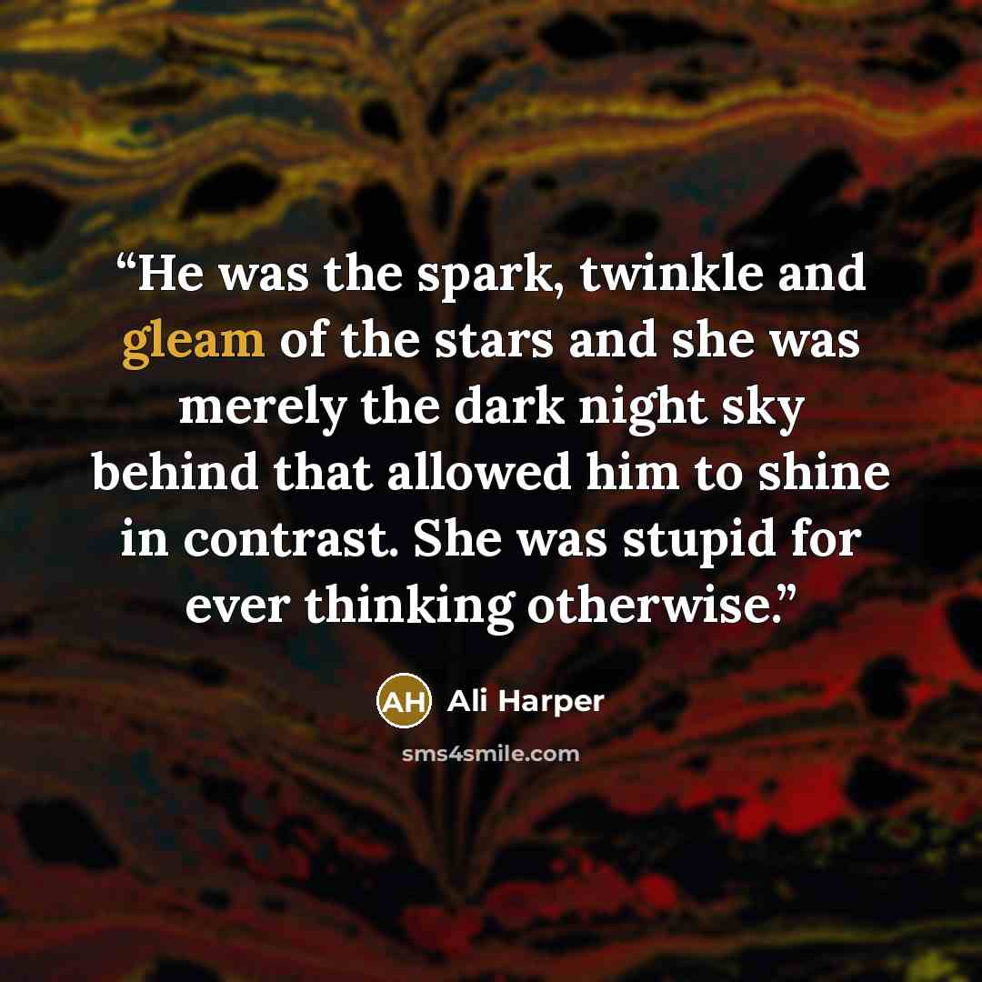 “He was the spark, twinkle and gleam of the stars and she was merely the dark night sky behind that allowed him to shine in contrast. She was stupid for ever thinking otherwise.” quote by Ali Harper