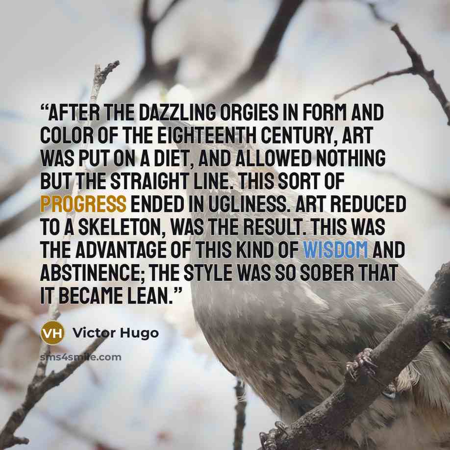 “After the dazzling orgies in form and color of the eighteenth century, art was put on a diet, and allowed nothing but the straight line. This sort of progress ended in ugliness. Art reduced to a skeleton, was the result. This was the advantage of this kind of wisdom and abstinence; the style was…” quote by Victor Hugo