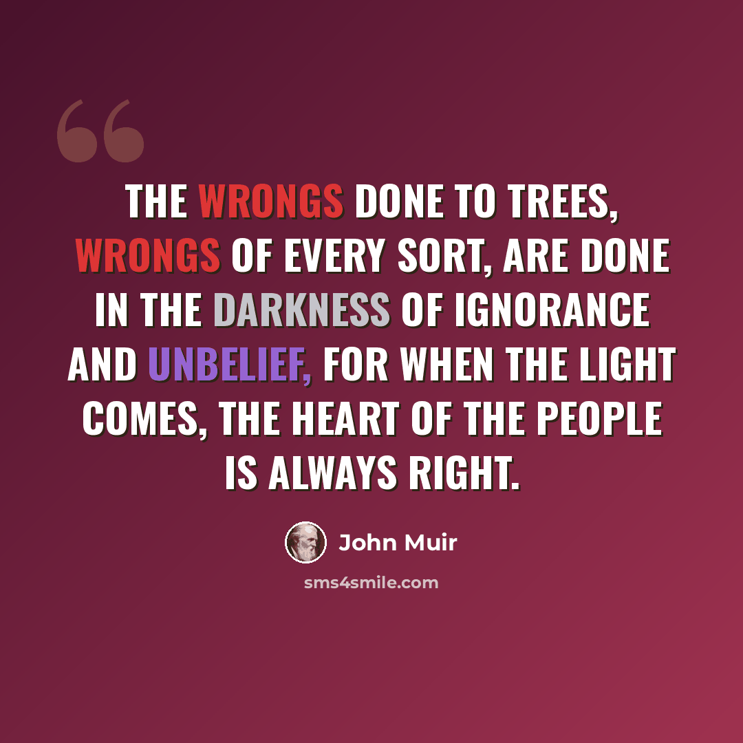 “The wrongs done to trees, wrongs of every sort, are done in the darkness of ignorance and unbelief, for when the light comes, the heart of the people is always right.” quote by John Muir
