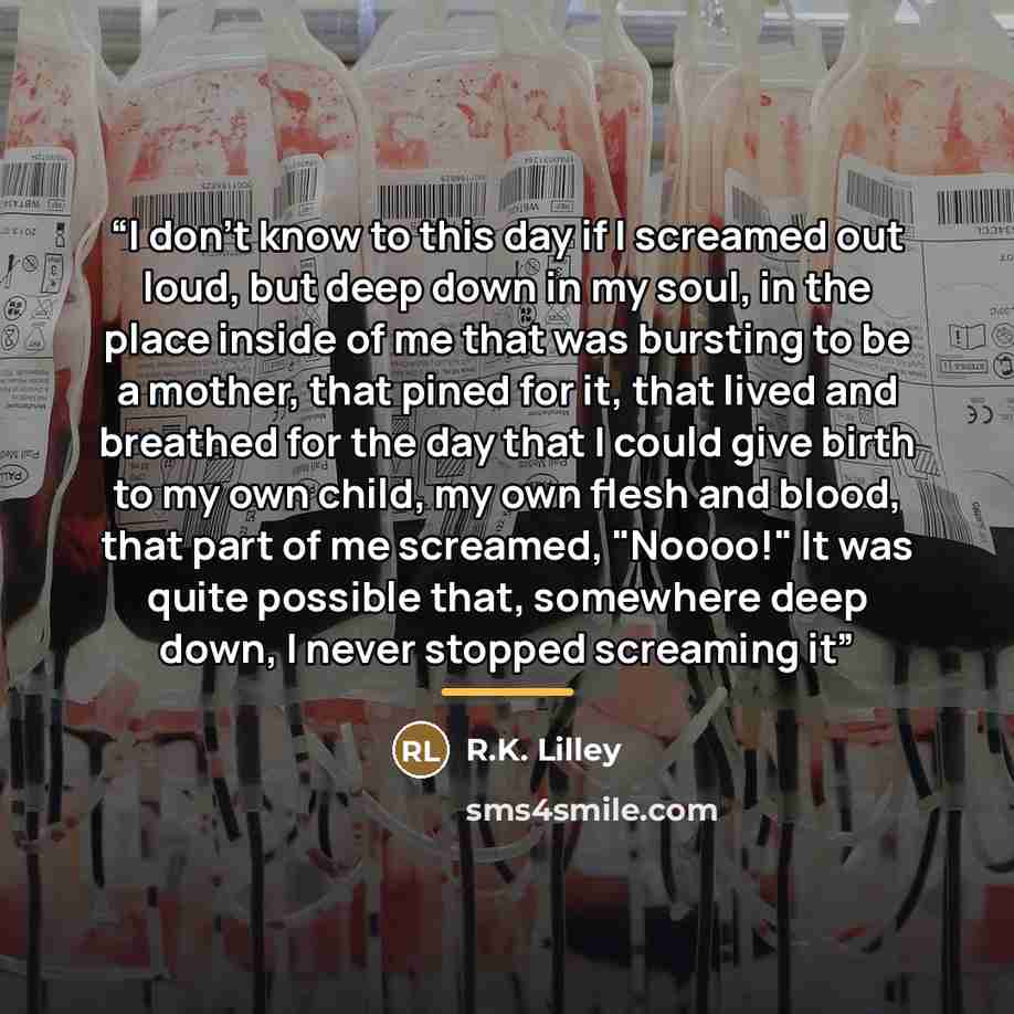 “I don't know to this day if I screamed out loud, but deep down in my soul, in the place inside of me that was bursting to be a mother, that pined for it, that lived and breathed for the day that I could give birth to my own child, my own flesh and blood, that part of me screamed, "Noooo!" It was…” quote by R.K. Lilley