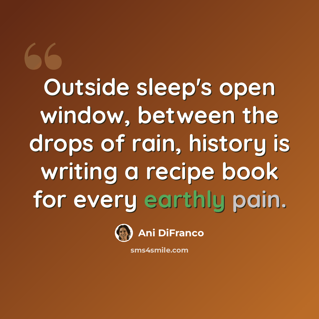 “Outside sleep's open window, between the drops of rain, history is writing a recipe book for every earthly pain.” quote by Ani DiFranco