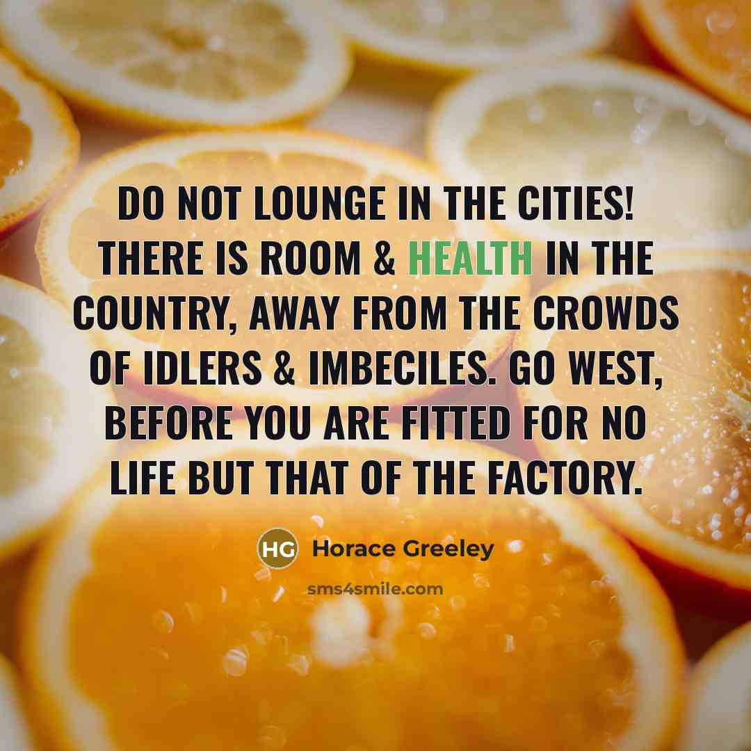 “Do not lounge in the cities! There is room & health in the country, away from the crowds of idlers & imbeciles. Go west, before you are fitted for no life but that of the factory.” quote by Horace Greeley