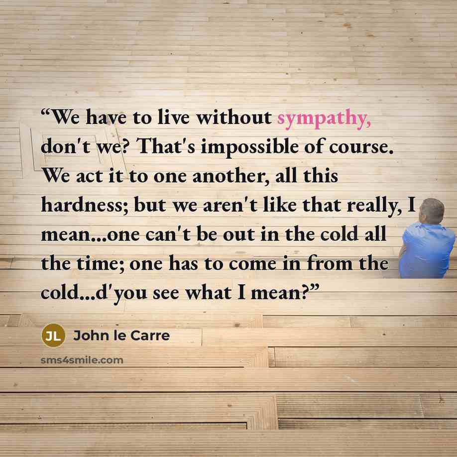 “We have to live without sympathy, don't we? That's impossible of course. We act it to one another, all this hardness; but we aren't like that really, I mean...one can't be out in the cold all the time; one has to come in from the cold...d'you see what I mean?” quote by John le Carré