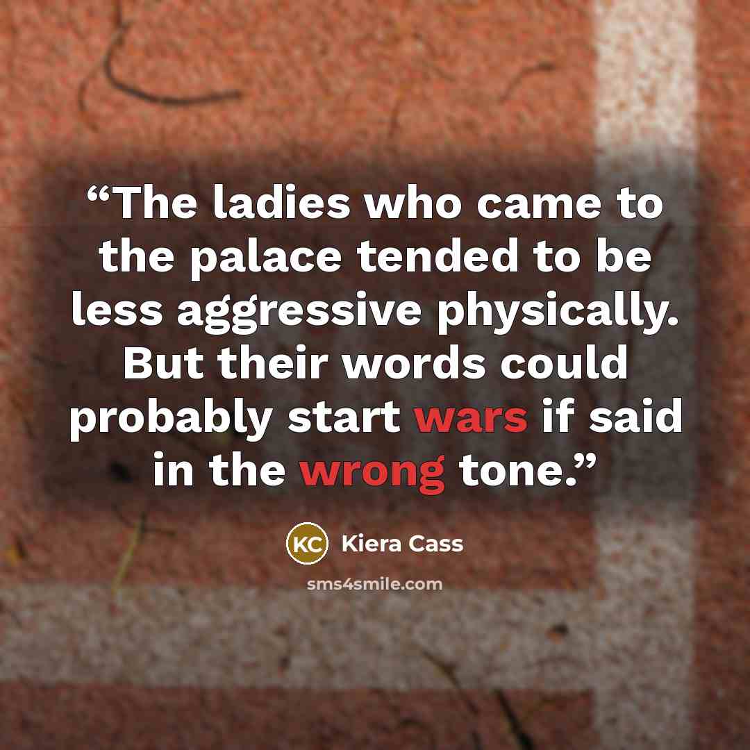 “The ladies who came to the palace tended to be less aggressive physically. But their words could probably start wars if said in the wrong tone.” quote by Kiera Cass